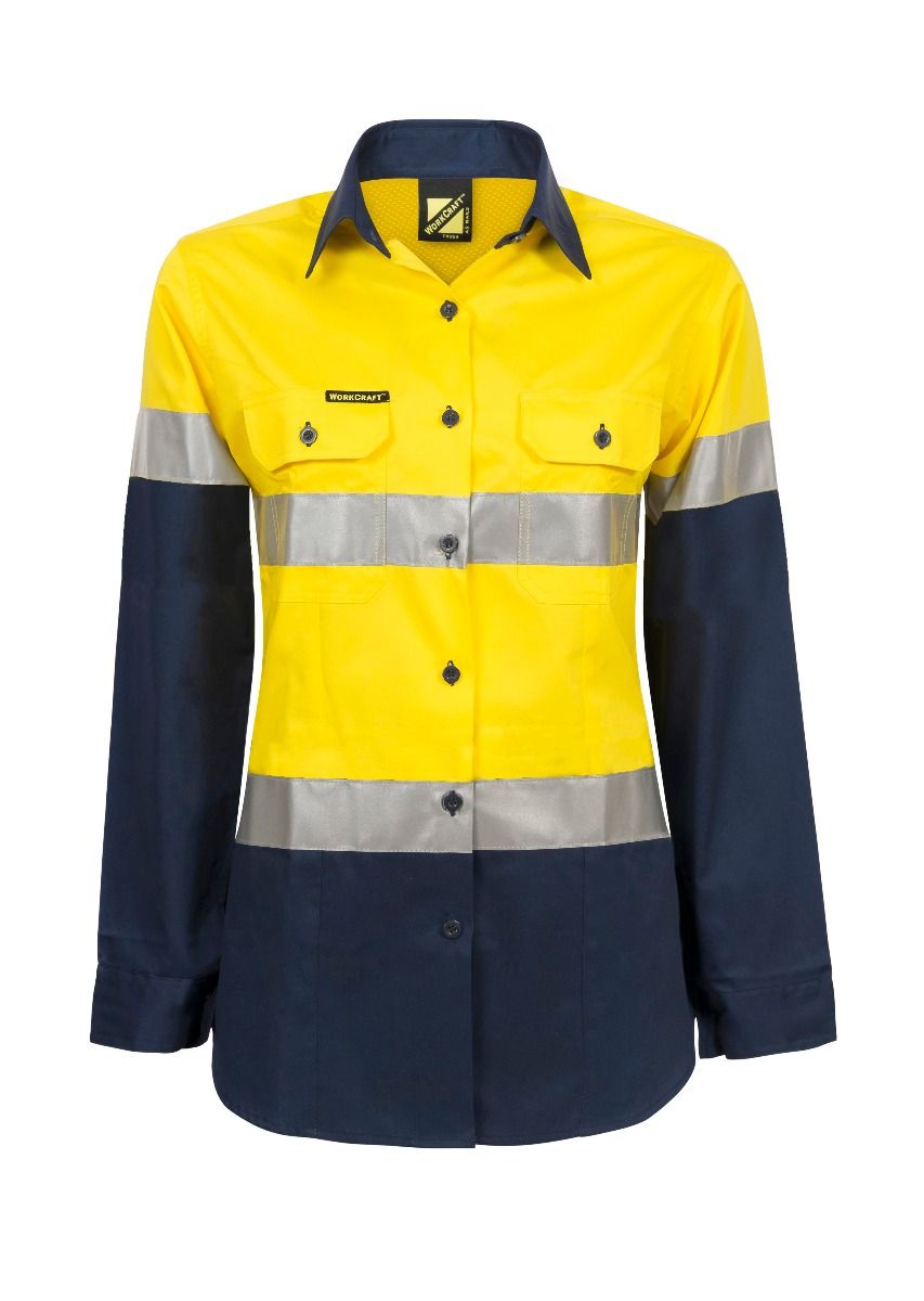 Ladies Lightweight Hi Vis Two Tone Long Sleeve Vented Cotton Drill Shirt With CSR Reflective Tape