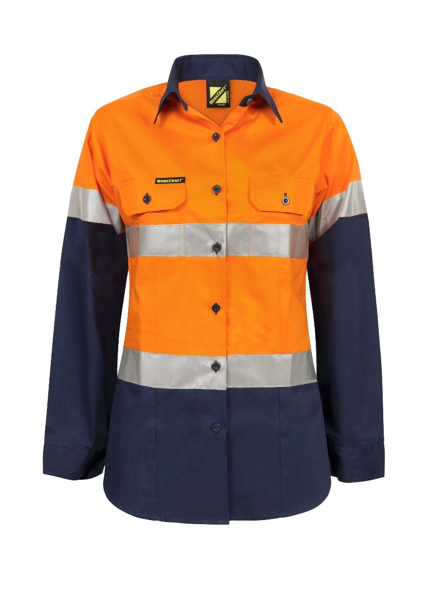 Ladies Lightweight Hi Vis Two Tone Long Sleeve Vented Cotton Drill Shirt With CSR Reflective Tape