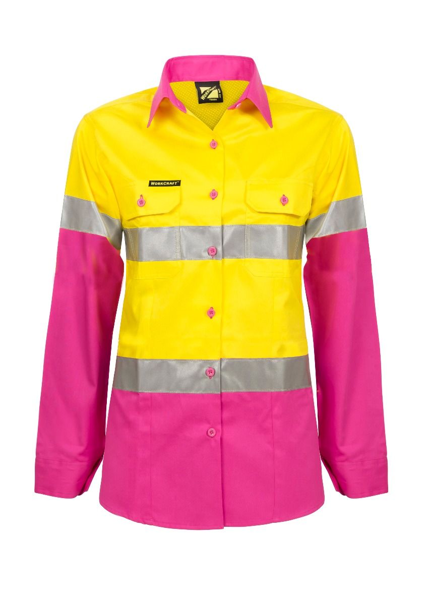 Ladies Lightweight Hi Vis Two Tone Long Sleeve Vented Cotton Drill Shirt With CSR Reflective Tape