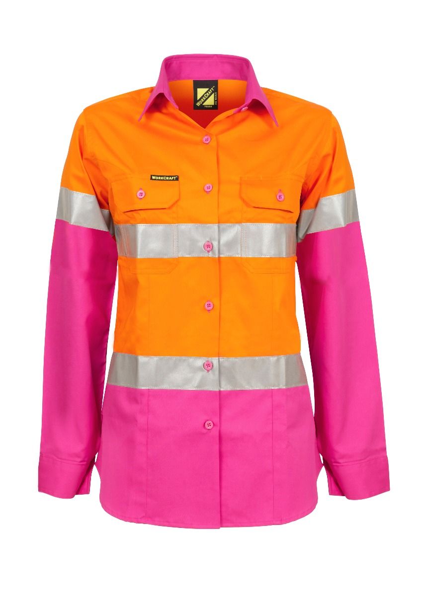 Ladies Lightweight Hi Vis Two Tone Long Sleeve Vented Cotton Drill Shirt With CSR Reflective Tape
