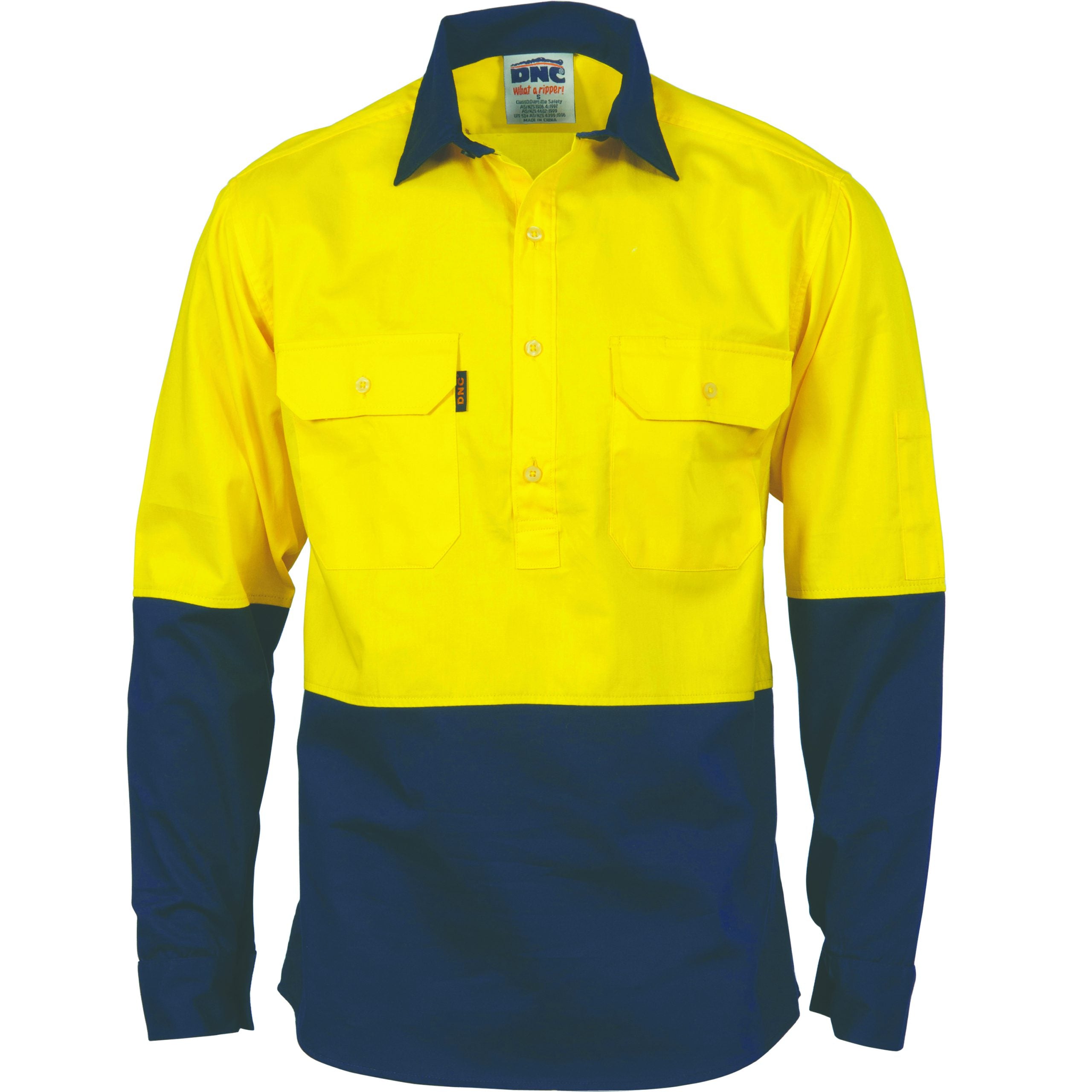 Hi Vis Two Tone Close Front Cotton Drill Shirt Long Sleeve Gusset Sleeve