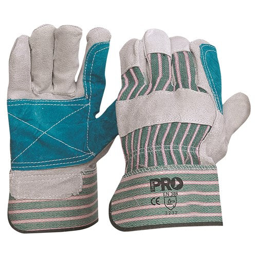 Pro-choice Green & Grey Striped Cotton / Leather Gloves Large (Carton of 12)