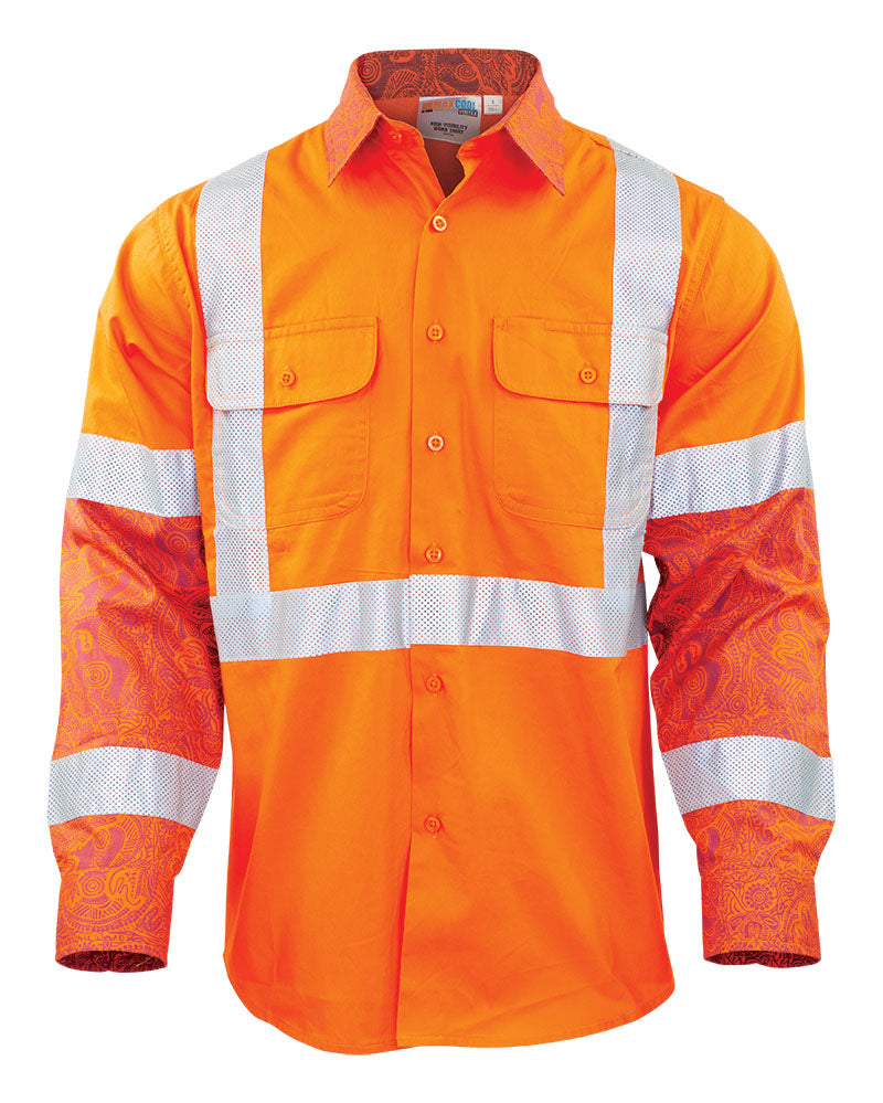 Maxcool Hi-vis Lightweight Orange NSW X-back Rail / Bio Perforated Taping With Indigenous Print Art - "Bloodlines Design"