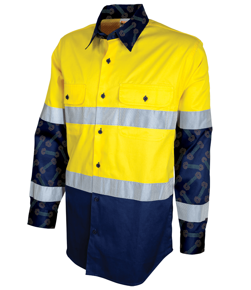 Maxcool Hi-vis Lightweight Yellow / Navy Shirt Hoop / Bio Perforated Taping With Indigenous Print Art - "Headlands Design"