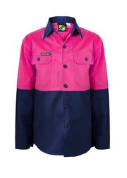 Kids Lightweight Two Tone Long Sleeve Cotton Drill Shirt