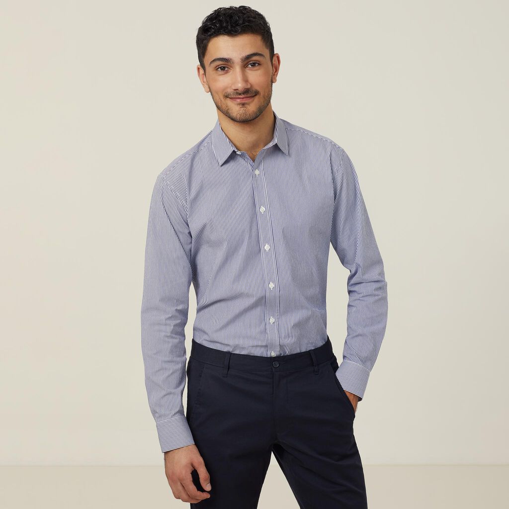 Shirt Stretch Long Sleeve Men's Avigon Fine Block Stripe Light Blue Stripe