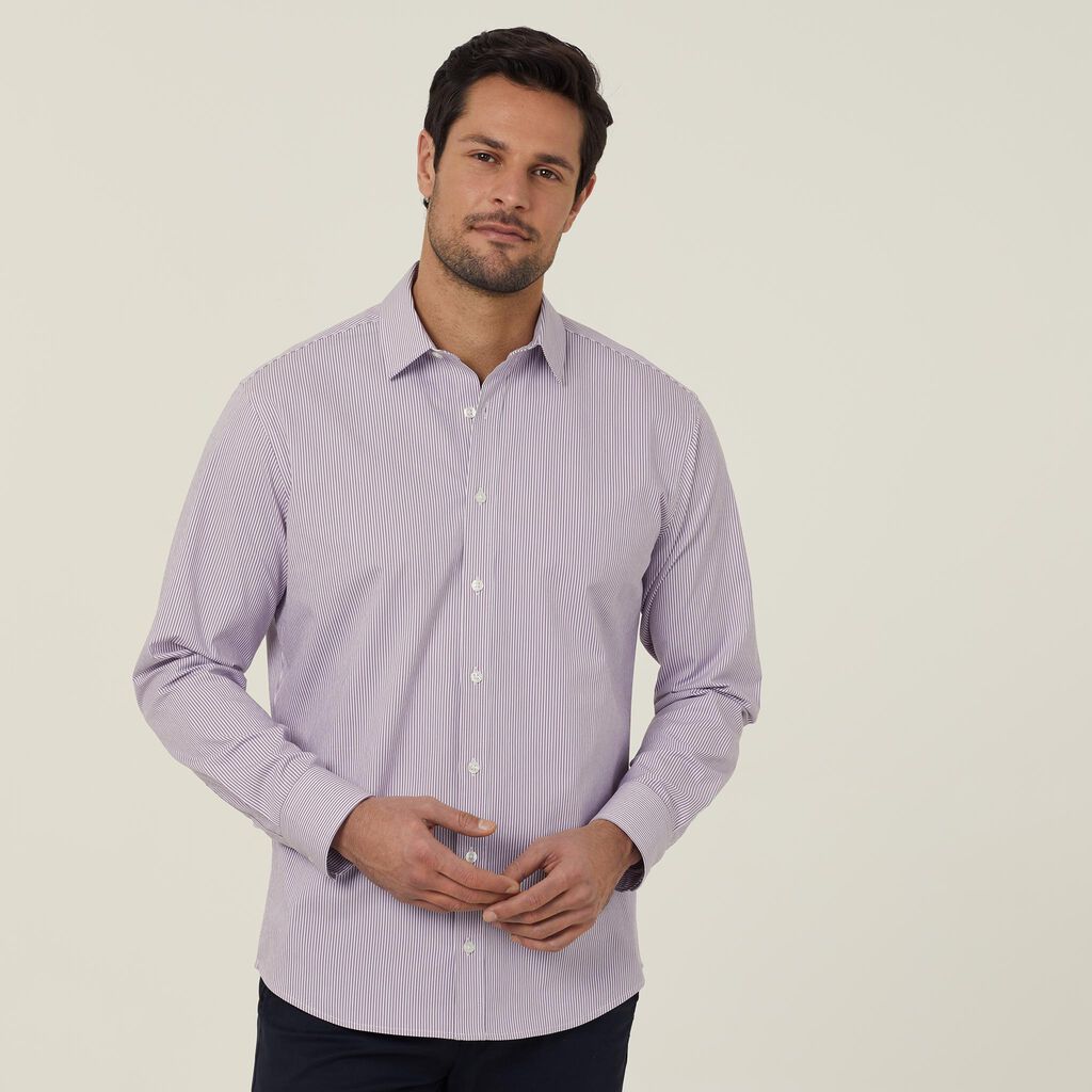 Shirt Stretch Long Sleeve Men's Avigon Fine Block Stripe Light Blue Stripe