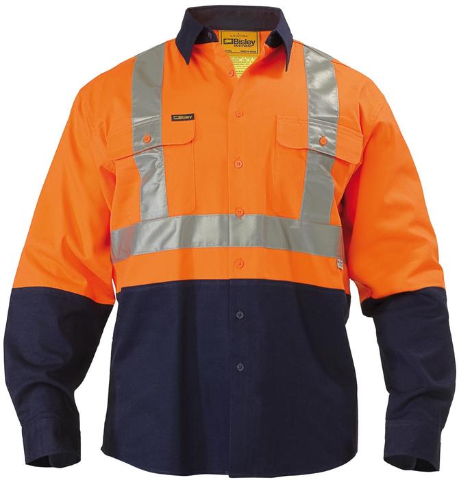2 Tone Hi Vis Reflective Drill Shirt - Long Sleeve - Orange/Navy