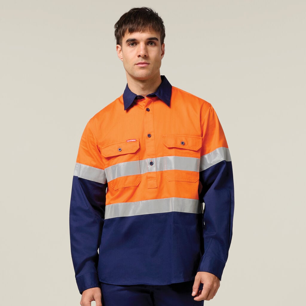 Men's Hi Vis L/S H/Weight Closed Front 2 Tone Cotton Drill Shirt w/Tape Y04615